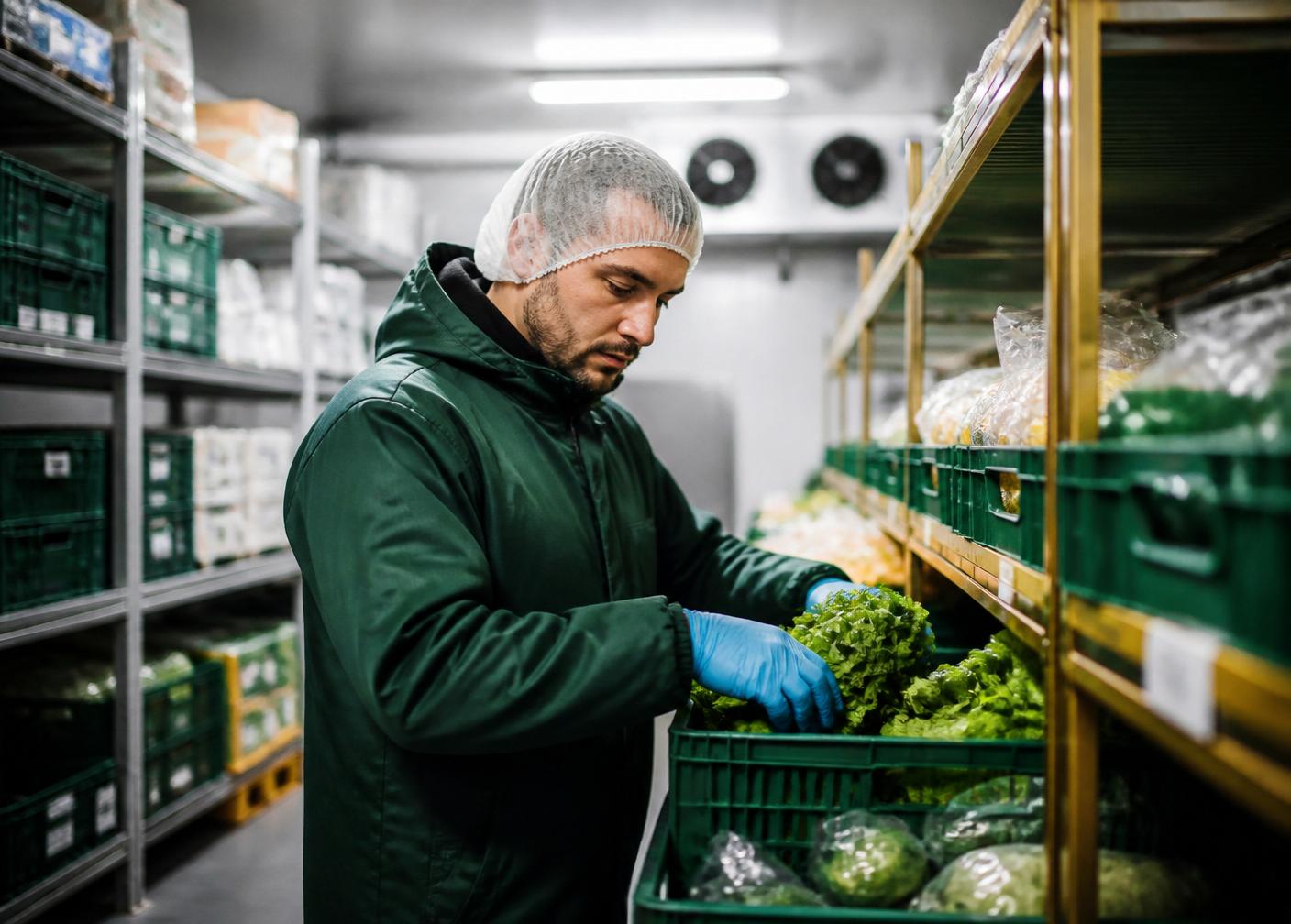 Warehouse team inspecting fresh produce in cold storage
