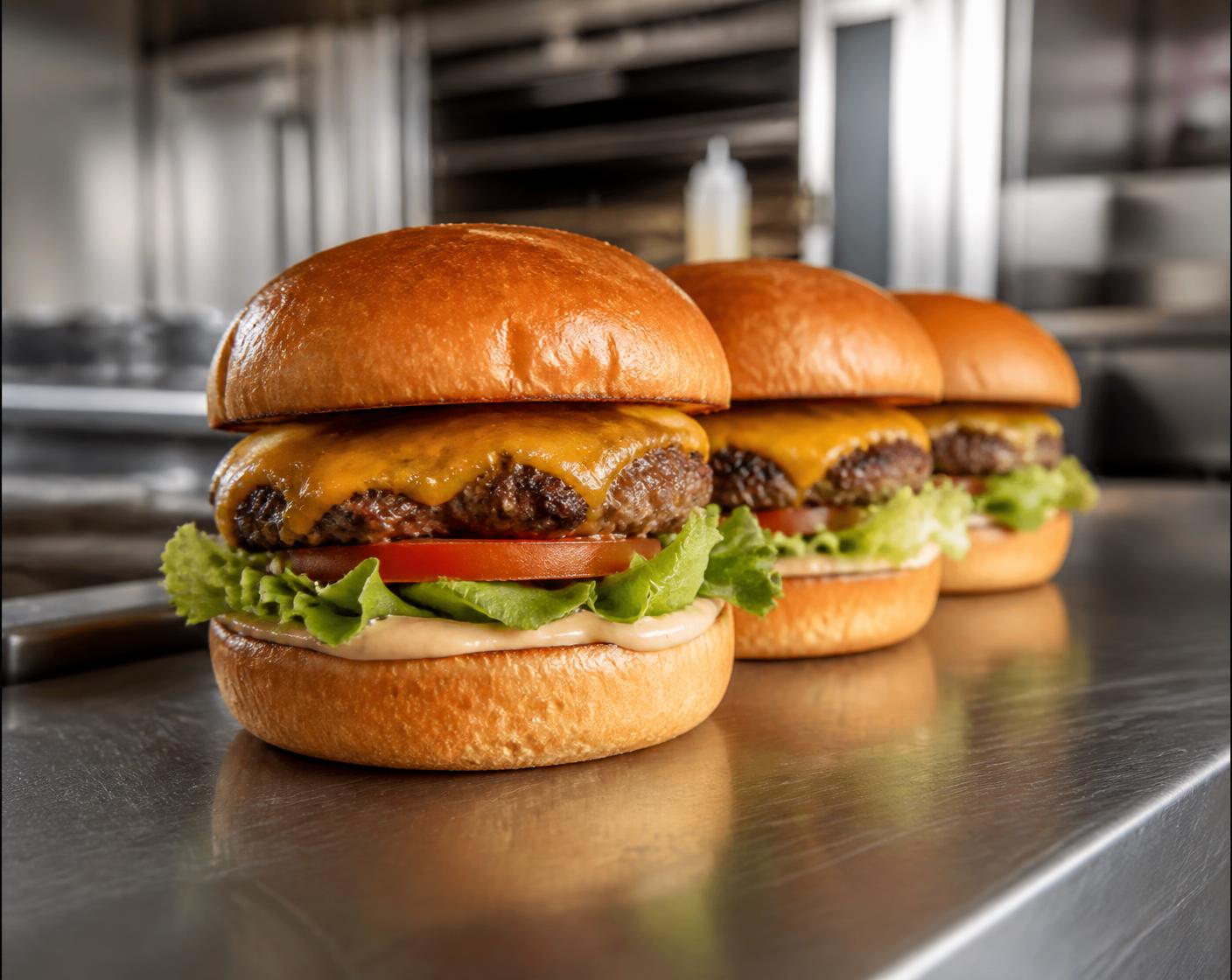 Gourmet cheeseburgers in brioche buns in a commercial kitchen