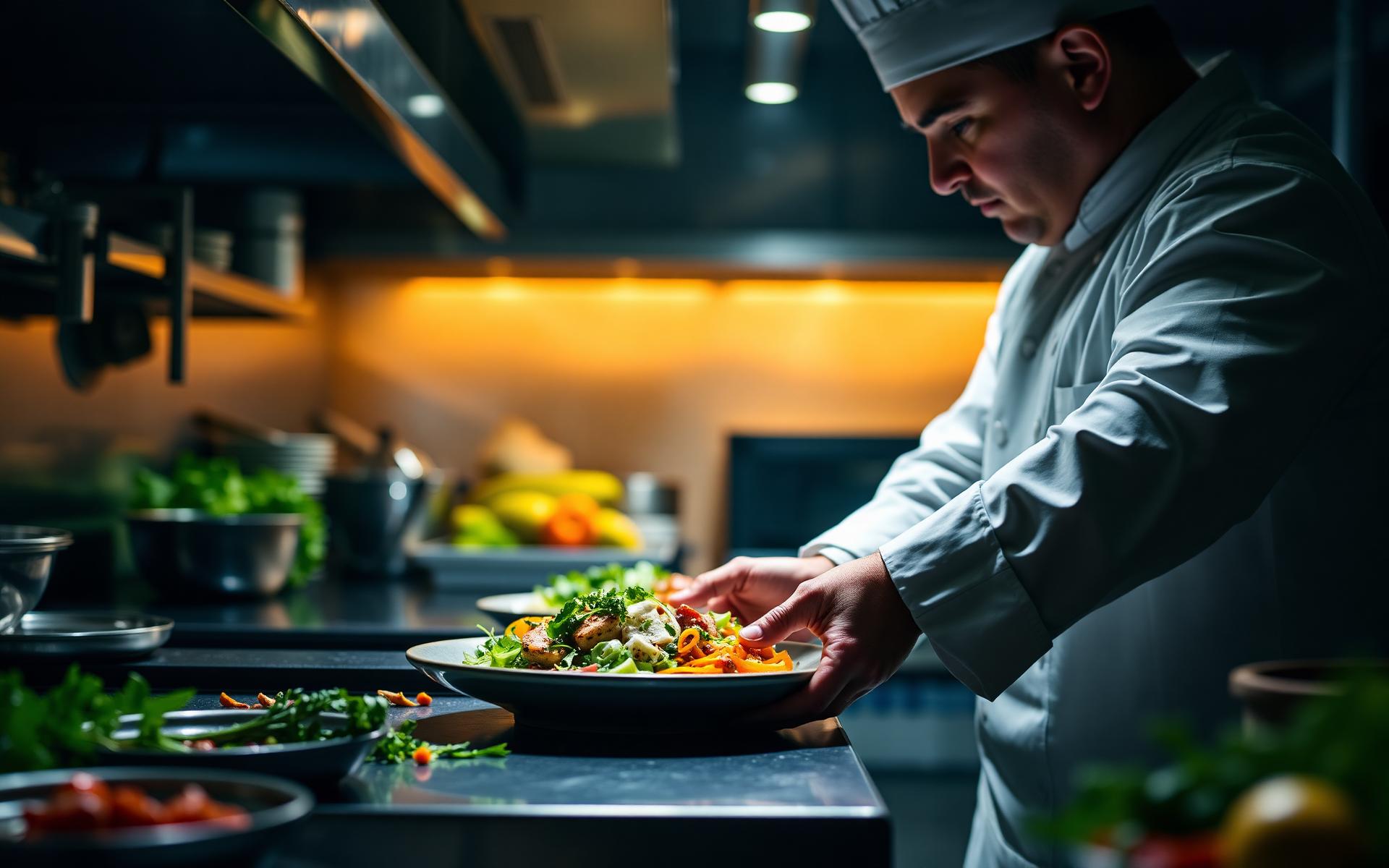 Chef plating fresh dish in a professional kitchen